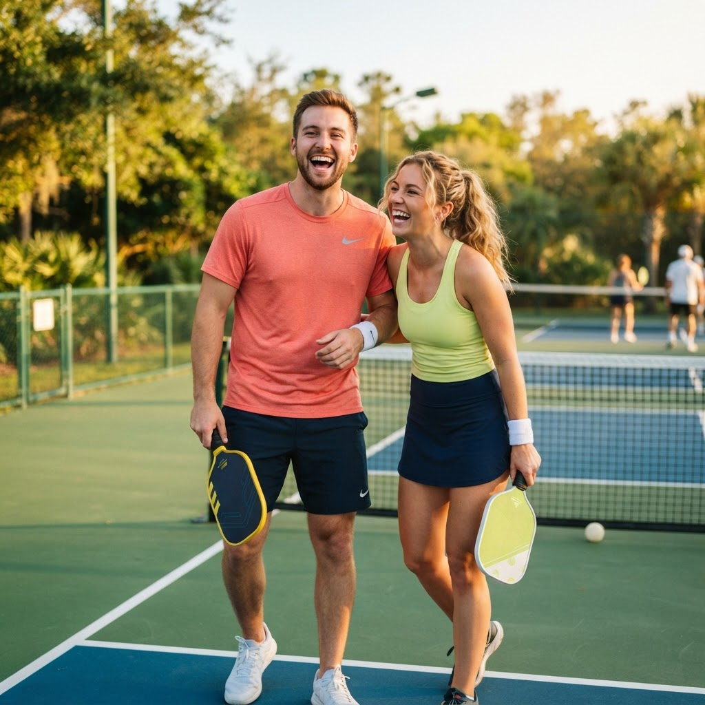 Two pickleball players laughing together on a sunny court