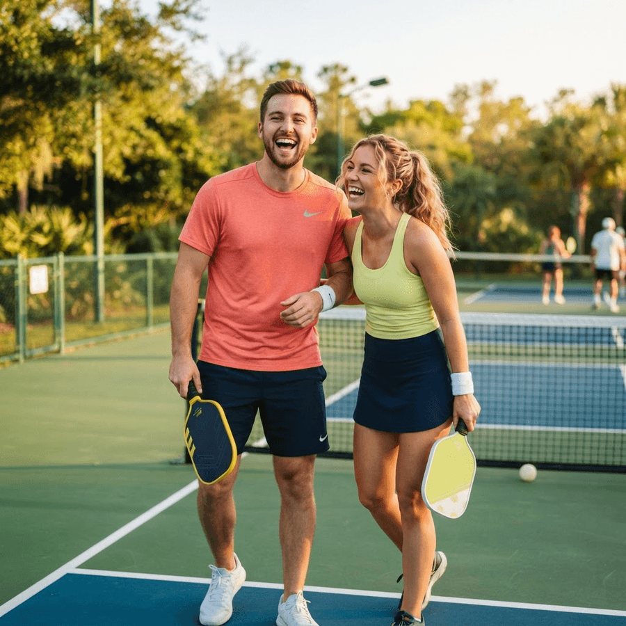 Two pickleball players laughing together on a sunny court